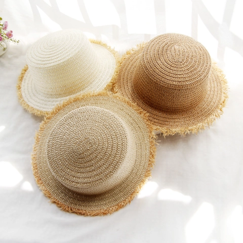 Women Summer Straw Boater Hat Flat Top Frayed Edge Wide Brim Woven Sun Hat For Beach Vacation Foldable Sunscreen Cap