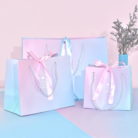 Gradient Pink Blue Gift Paper Bag With Satin Ribbon Bow White Cardboard Handbag For Wedding Birthday Party Packaging