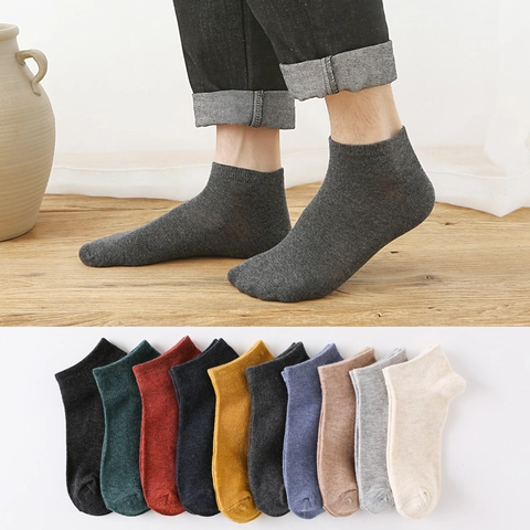 Men Low Cut Ankle Socks Cotton Wool Blend Breathable Ribbed Cuff Solid Color Casual Japanese Style Anti Slip