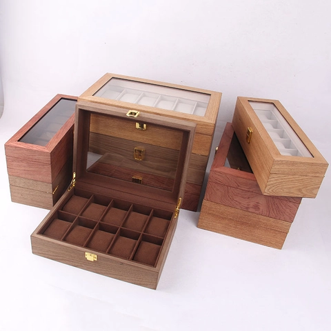 Boîte à Montres Vintage en Bois Organisateur Rétro Grain de Bois Boîtier de Présentation pour Montres Avec Fenêtre en Verre Serrure Métallique Pour Maison Bureau