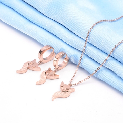 Fox Pendant Necklace And Earrings Jewelry Titanium Stainless Steel Rose Gold Polished Matte Finish Fashion Elegant Women Girls