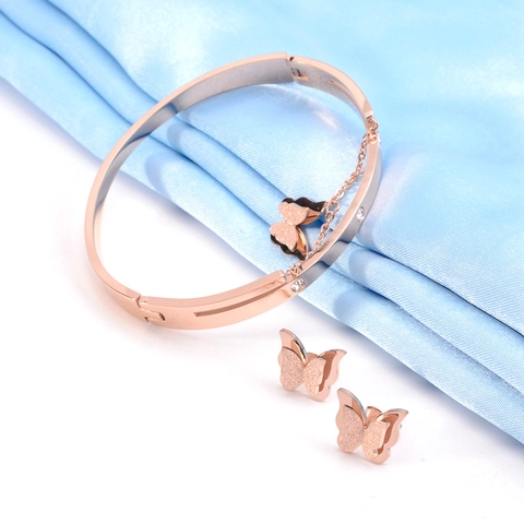 Butterfly Charm Bracelet And Earrings Titanium Steel Rose Gold Plated Zirconia Elegant Fashion Jewelry For Women
