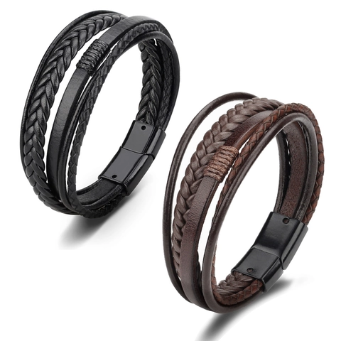 Men Multi Layer Braided Leather Bracelet PU Alloy Magnetic Clasp Retro Ethnic Style Wristband Fashion Jewelry