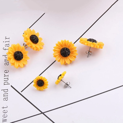 Yellow Sunflower Resin Stud Earrings With Stainless Steel Earring Post Fresh Sweet Flower Jewelry For Women