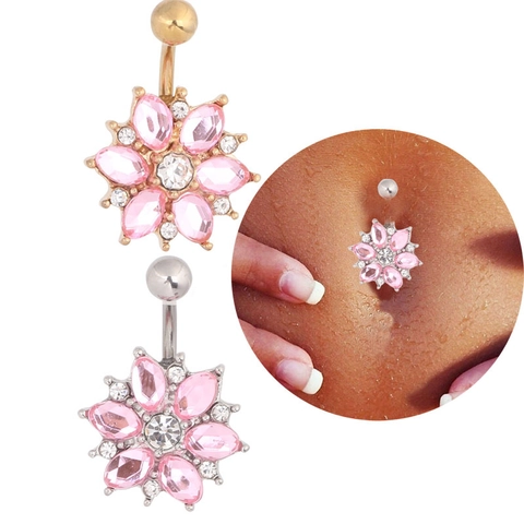 Stainless Steel Pink Sunflower Belly Ring Rhinestone Navel Piercing Body Jewelry Elegant Sparkling Fashion Accessory