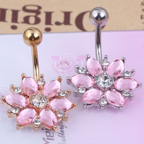 Edelstahl Rosa Sonnenblume Bauchnabelpiercing Rhinestone Piercing Körperschmuck Elegant Funkelnd Mode Accessoire