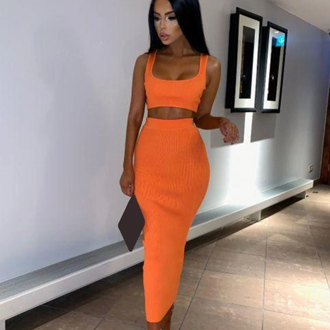 Sexy Dames Ribgebreide Mouwloze Crop Top En Bodycon Maxi Rok Met Hoge Taille Effen Kleur Outfits