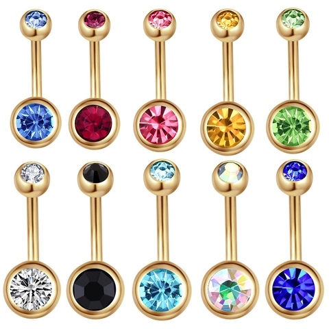 Belly Button Ring Stainless Steel Double Rhinestone Gold Plated Body Piercing Jewelry Curved Barbell Punk For Women
