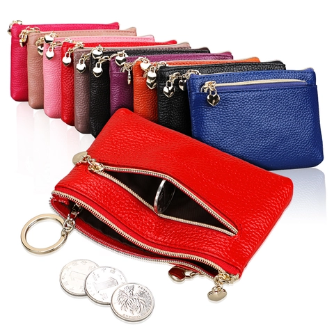 Genuine Leather Coin Purse Small Cowhide Wallet With Heart Zipper Pull Key Ring Mini Card Holder Litchi Pattern Pouch