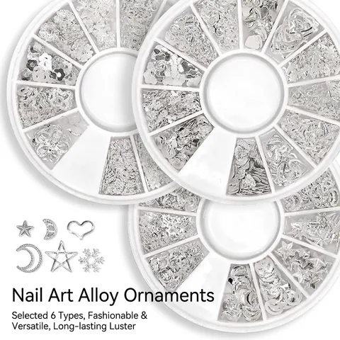 Silberne Legierung Nagelkunst Nieten Stern Mond Herz Hohl Metall Charms Geteilte Aufbewahrungsbox Für DIY Maniküre Dekoration