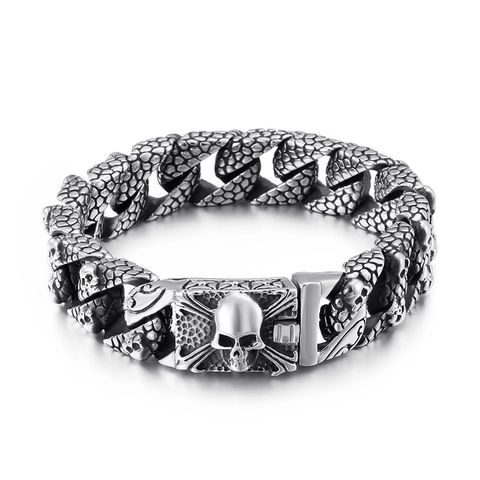 Pulsera De Calavera Vintage Para Hombre Punk Gótico Acero Inoxidable 316L Joyería Biker Con Textura De Escamas Y Cierre