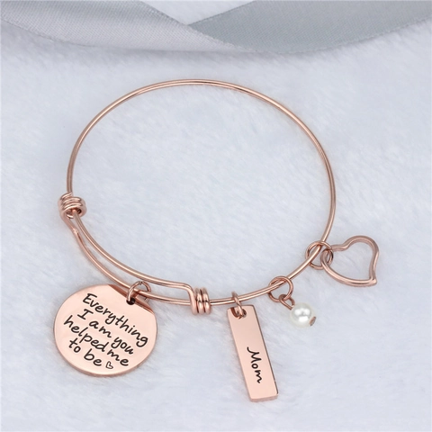 Adjustable Stainless Steel Bangle Bracelet Heart Faux Artificial Pearl Everything I Am You Helped Me To Be Sentiment Mother Gift