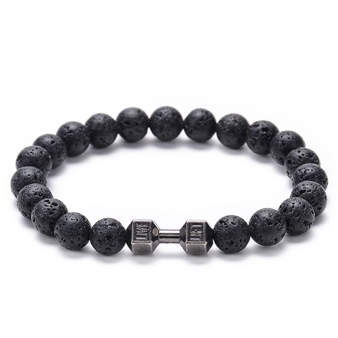 Natural Stone Beaded Bracelet With Metal Dumbbell Charm Motivational Fitness Gym Jewelry For Men And Women