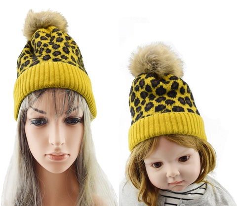 Beanie Hat Leopard Print Knitted Fleece Lined Winter Warm Faux Fur Pom Pom For Adult And Kids Parent Child Matching