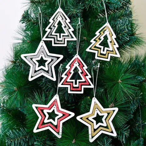 Decorazioni Albero Di Natale Legno Cavo Stella Forma Pino Glitter Decorazioni Pendenti Per Festa Casa