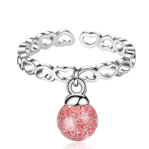 Natürlicher Erdbeerquarz Herzform Offener Ring Für Damen Platinbeschichteter Kupfer Verstellbarer Kristallring Schmuck