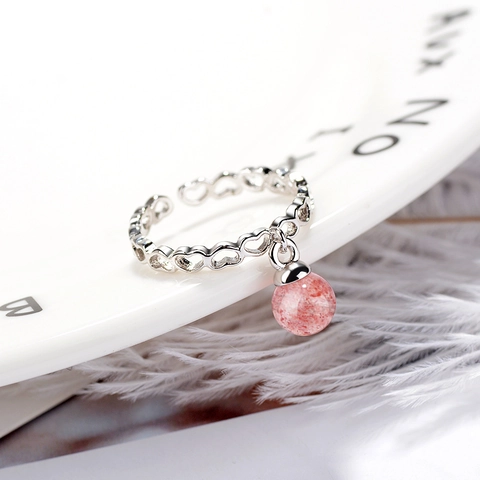 Natürlicher Erdbeerquarz Herzform Offener Ring Für Damen Platinbeschichteter Kupfer Verstellbarer Kristallring Schmuck