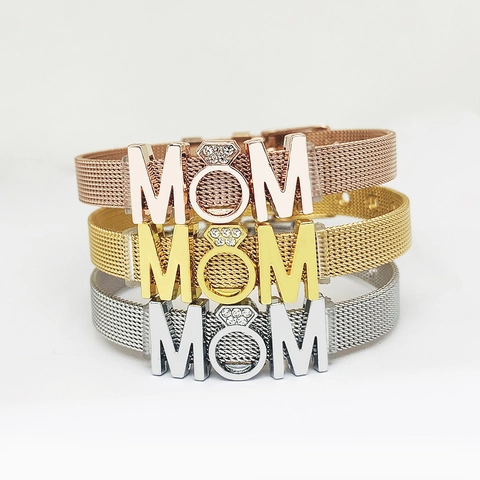 Bracciale In Maglia Di Acciaio Inossidabile Con Lettera MOM In Strass Regolabile Regalo Festa Della Mamma