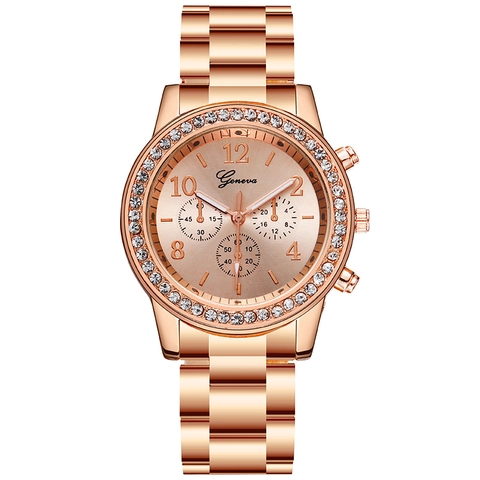Women Quartz Watch Alloy Case Stainless Steel Strap Rhinestone Decorative Sub Dials Fashion Luxury Analog Wristwatch