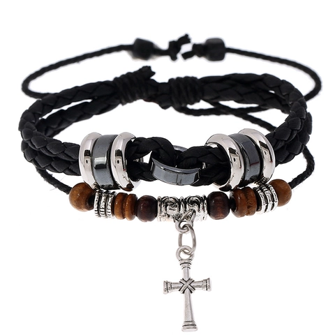Men Braided Leather Bracelet Cross Pendant Wood Beads Multi Layer Retro Punk Style Hand Jewelry Adjustable Fit