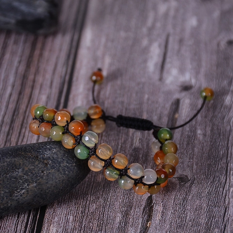 Faceted Natural Agate Double Layer Beaded Bracelet Handmade Woven Adjustable Bohemian Jewelry Unisex Fashion