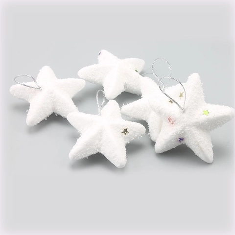 Adornos De Estrellas De Navidad De Espuma Flocado Blanco Con Cuerdas Plateadas Lentejuelas Coloridas Colgantes