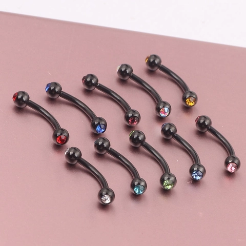 Curved Barbell Eyebrow Ring Lip Piercing Stainless Steel Black Plated Colorful Rhinestones Body Jewelry For Men Women