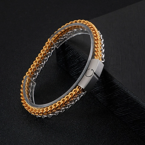 Men's Stainless Steel Woven Wheat Chain Bracelet With Magnetic Clasp Dual Tone Personalized Jewelry