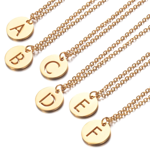 Initial Alphabet Anhänger Halskette Gold Plattiert Edelstahl Hohl Rund Scheibe Minimalistisch Schmuck Damen