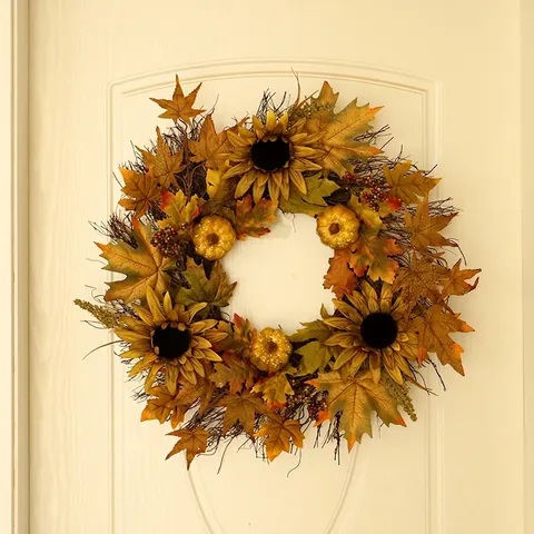 Artificial Sunflower Maple Leaf Pumpkin Wreath Fall Harvest Thanksgiving Decoration Front Door Wall Hanging Satin Foliage