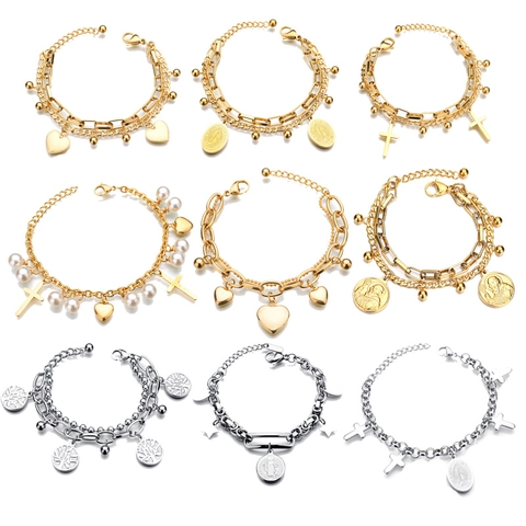 Women Stainless Steel Double Layer Bracelet Fashion Heart Cross Tree Of Life Religious Charm Adjustable Chain Jewelry