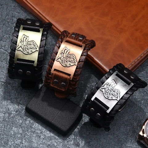 Viking Leather Bracelet For Men Wide Adjustable Nordic Wolf Head Valknut Compass Hammer Punk Cuff Bangle Jewelry