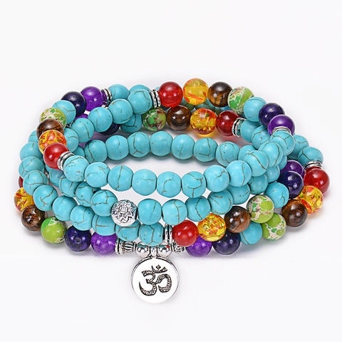 Mala Perline Collana Bracciale Avvolgente Pietra Naturale Turchese Sette Chakra Meditazione Yoga Ciondolo Albero Della Vita