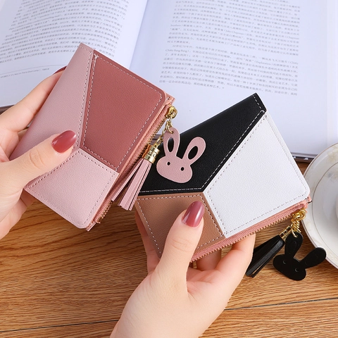 Women Short Wallet PU Leather Geometric Patchwork Zipper Coin Purse With Tassel Rabbit Pendant Elegant Card Holder