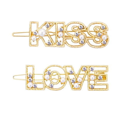 Pinzas Para El Cabello De Letras De Perlas Artificiales Y Diamantes De Imitación LOVE KISS Horquillas Doradas Para Mujeres
