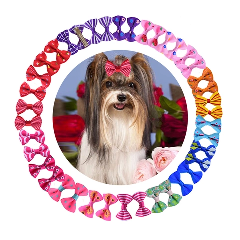 Pet Hair Bows Clips Grosgrain Ribbon Mini Colorful Floral Polka Dot Assorted Patterns Small Dogs Cats Grooming Accessory