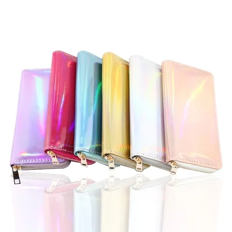Portafoglio Lungo Con Cerniera In Pelle PU Olografica Laser Arcobaleno Per Donna Pochette Alla Moda Porta Carte Multipli