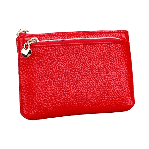 Genuine Leather Coin Purse Small Cowhide Wallet With Heart Zipper Pull Key Ring Mini Card Holder Litchi Pattern Pouch