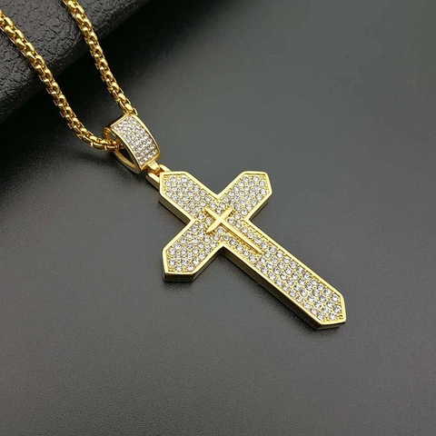 Collana Con Ciondolo A Croce Hip Hop Placcato Oro Acciaio Al Titanio Con Strass Gioielli Religiosi Da Uomo