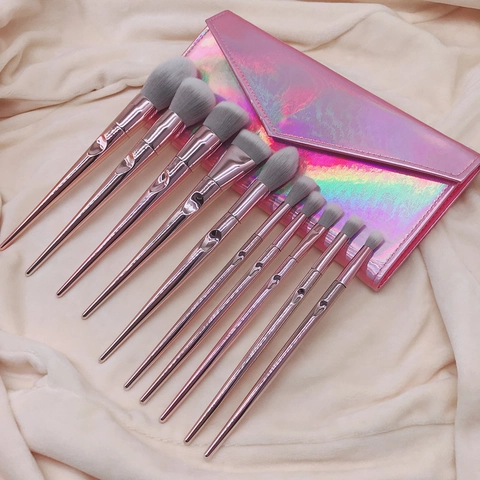 Pinceaux De Maquillage Professionnels Poils Fibres Synthétiques Manches Métal Rose Gold Pochette Holographique Beauté