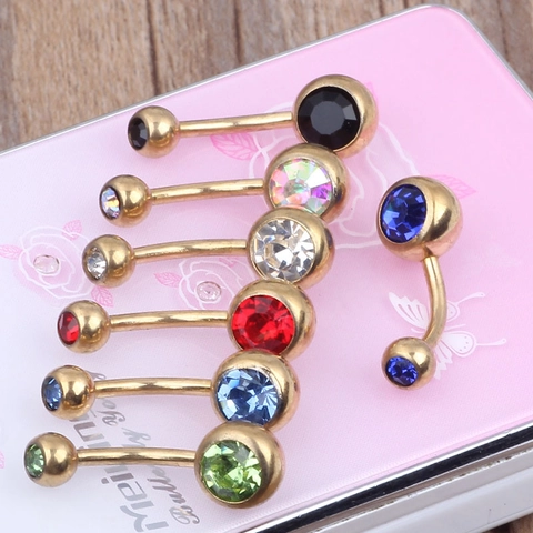 Belly Button Ring Stainless Steel Double Rhinestone Gold Plated Body Piercing Jewelry Curved Barbell Punk For Women