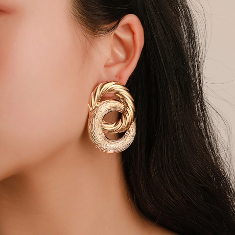 Geometric Interlocking Double Hoop Stud Earrings With Steel Earring Post Twist Texture Metal Alloy Retro Style Women