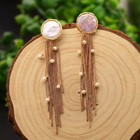 Orecchini Vintage con Nappa e Perla d'Acqua Dolce Barocca per Donna Placcati Oro 18K Pendenti a Catena Lunga con Perno in Argento 925