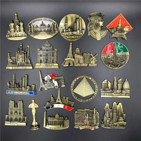 Recuerdos De Viaje Lugares Emblemáticos Del Mundo Imanes De Nevera De Metal Relieve 3D Decoración De Refrigerador Bronce Retro Aleación De Zinc