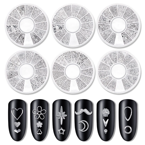 Silberne Legierung Nagelkunst Nieten Stern Mond Herz Hohl Metall Charms Geteilte Aufbewahrungsbox Für DIY Maniküre Dekoration