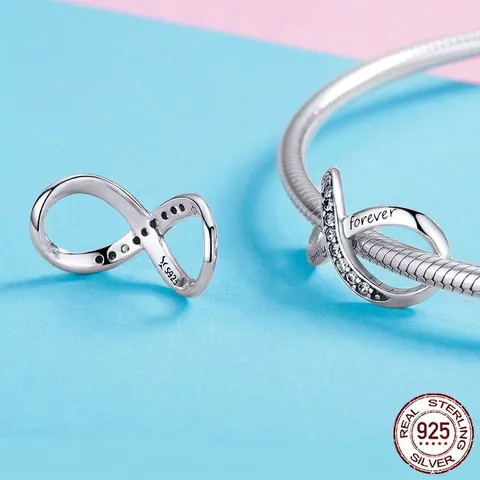 S925 Sterling Silver Infinity Charm Family Forever Engraved Bead Rhinestone Inlaid DIY Bracelet Accessory Jewelry For Women