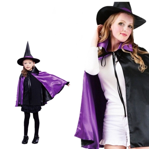 Halloween Witch Cloak Cape And Pointed Hat Satin Polyester Stand Collar Cosplay Party Costume For Kids Adults