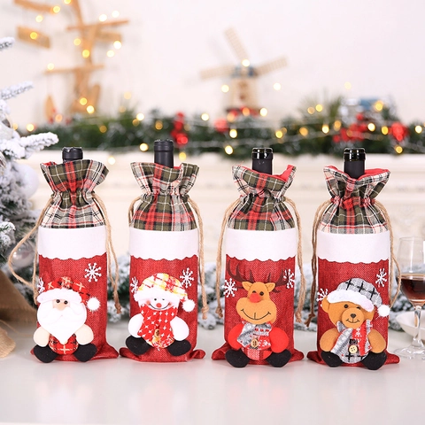 Christmas Wine Bottle Covers Linen Plaid Drawstring Bag Santa Snowman Reindeer Bear Festive Table Decor Holiday Gift