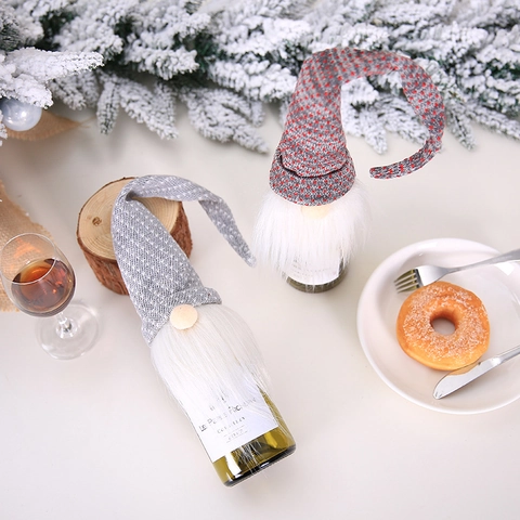 Christmas Gnome Wine Bottle Cover Knitted Faceless Doll Santa Bottle Sleeve For Holiday Dining Table Party Decoration Grey Red