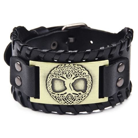 Bracelet Large En Cuir Vintage Pour Homme Arbre De Vie Charme En Alliage Punk Rétro Style Viking Poignet Réglable